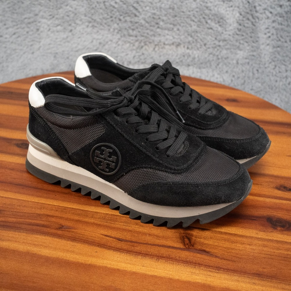 Tory Burch Sneakers Women's 5.5 M Sawtooth Suede Canvas Black Grey Logo w/box